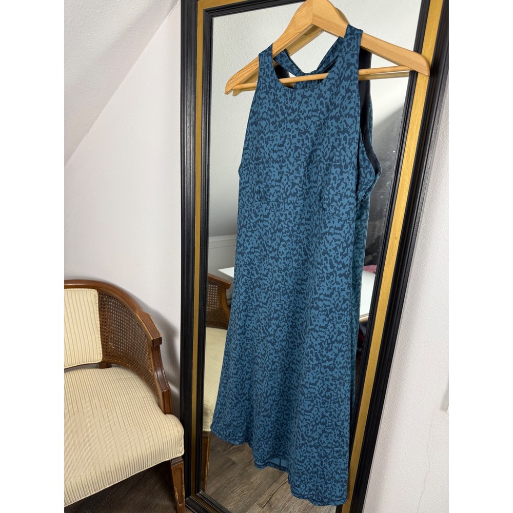 Prana Teal Navy Abstract Active Dress Built-in Bra Pockets Racerback Size XL